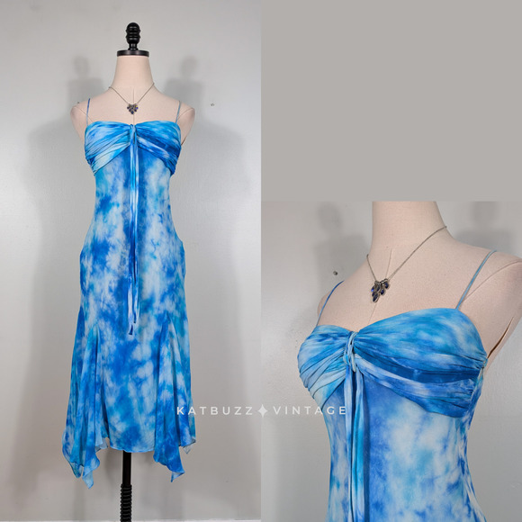 Cache Dresses & Skirts - Vintage Cache Silk Prom Dress Maxi Gown 2 Blue Tie Dye Y2K Fairy Babydoll Nymph